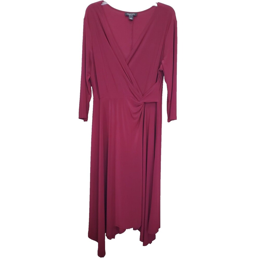 Perceptions Red 3/4 Sleeve Fit & Flare Midi Dress Handkerchief Hem Size XL